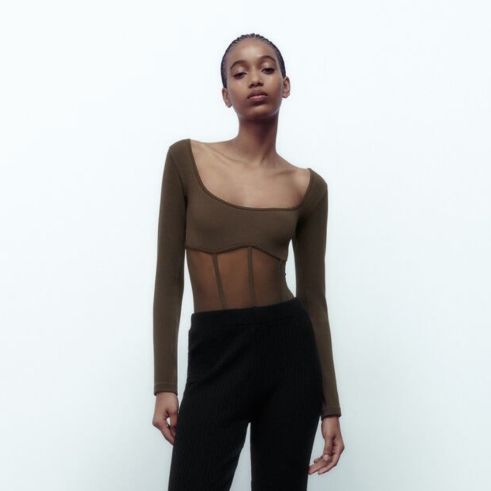 SEAMLESS TULLE CORSETRY-INSPIRED
BODYSUIT - Brown [ZARA Angola] Size XS